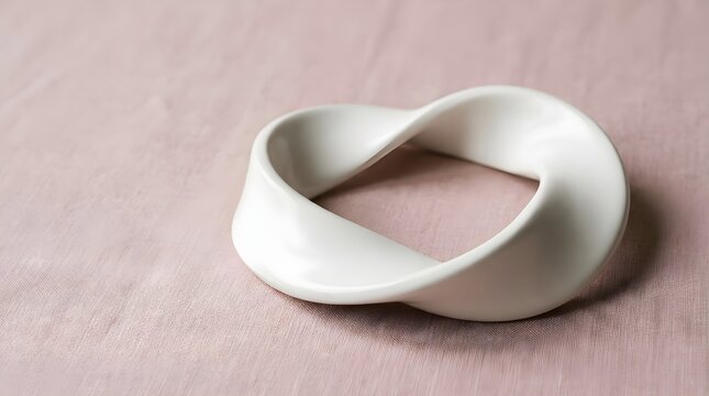 Matte White Ceramic Infinite Loop Mobius Strip Resting on Dusty Rose Linen Background for Sustainability Concept