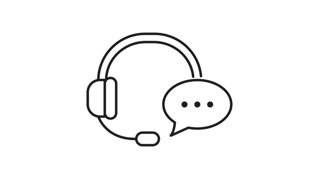 Customer Support and Online Help Center Editable Stroke Vector Icon. Minimalist Black Line Illustration of a Headset with a Chat Bubble Symbolizing Communication, Call Center, and Client Service.