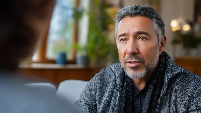 Middle-aged Latino man speaking openly with therapist in warm modest home office, afternoon window light, tender and trusting atmosphere