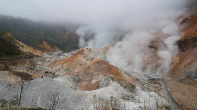 Aerial view of Jigokudani Valley, Hell Valley in Noboribetsu, Hokkaido Japan