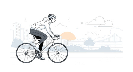 Fototapeta premium Man Cycling on Bicycle in Line Art Style Against Scenic Urban Landscape with Bridge and Sunset