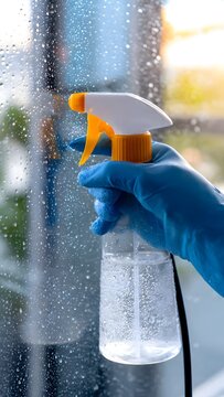Blue-uniform worker disinfecting window with white spray tank, orange top, black hose.