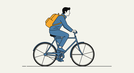 Naklejka premium Man with a backpack riding a bicycle, cycling for urban commuting or outdoor exercise, on a light isolated background.