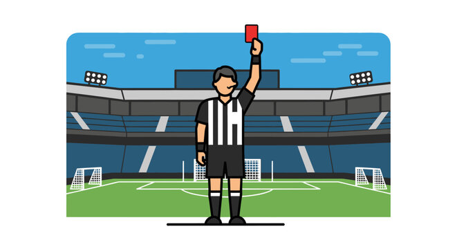 Football referee showing a red card, signaling a player's expulsion in a football stadium.
