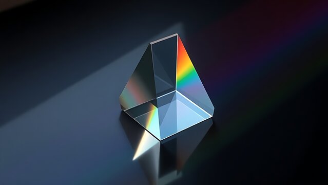 rockwell. Clear glass prism refracting rainbow light spectrum on dark surface. STEM education sheets, lab safety posters, designed for biotech research communications, used by data analysts.