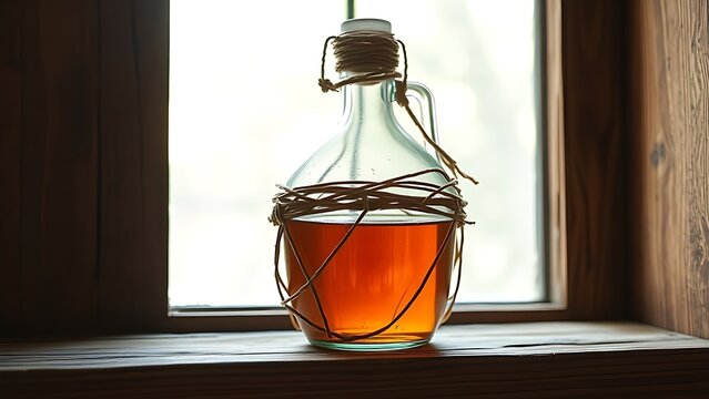 demijohn. Glass demijohn with wicker wrapping on wooden shelf, containing amber liquid in natural light. bar promotions, beverage menus, designed for food & beverage menus and cafe branding.
