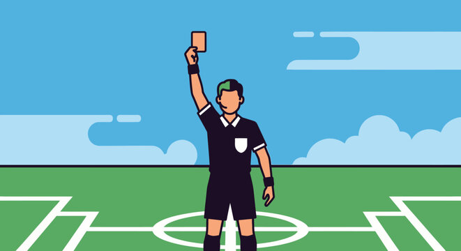 Football referee showing a red card, signaling expulsion during a game on a green soccer field.