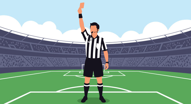 Football referee raising hand with a decision signal on a green soccer field in a stadium.