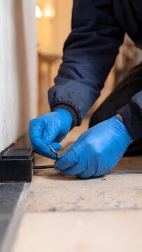 Blue-gloved hands gripping black rodent bait station on tiled floor.