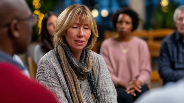 Multiracial support group circle seated in community center, soft overhead lighting, diverse adults sharing genuine emotional connection, documentary style