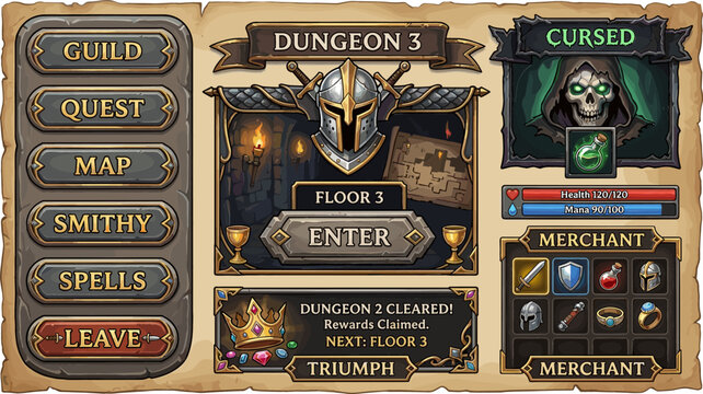 Dungeon Game Interface with Quest, Merchant, and Triumph Options for RPG and Fantasy Game Designs