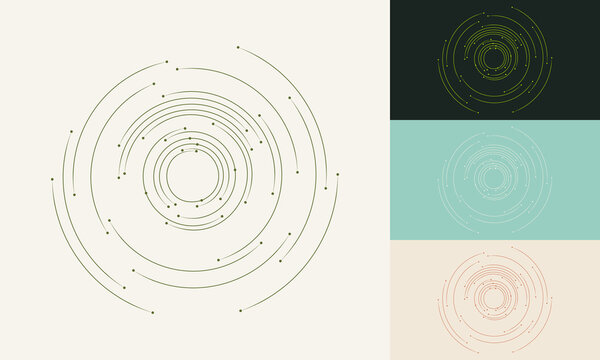Concentric circles with dot nodes forming a spiral radar pattern in four color variations on contrasting backgrounds, minimal line art vector icon set.