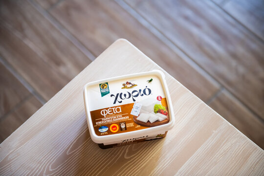 Ikaria Island, Greece - June 14, 2023: Feta cheese dairy Greek food of sheep goat milk by Minerva Horio PDO-certified from Episkopiko village Ioannina