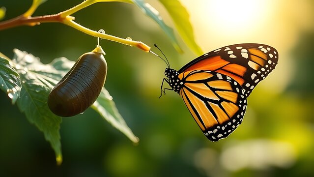 chrysalis. A chrysalis on a leaf, a newly emerged monarch butterfly drying its wings nearby with dew. gardening catalogs, home-decor guides, designed for home decor and floral branding.