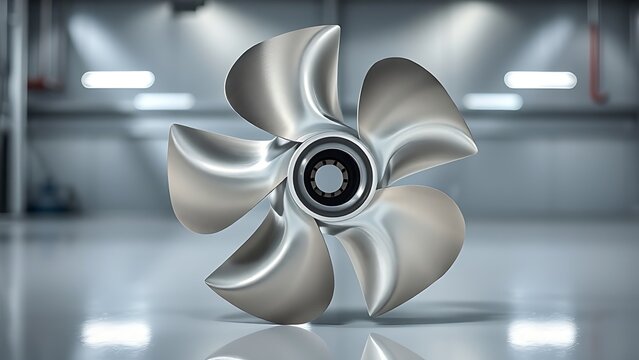 impeller. Stainless steel impeller with metallic reflections under industrial lighting. safety posters, maintenance manuals, designed for precision metalworking and fabrication facilities.