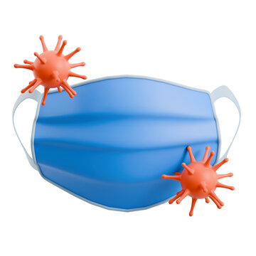 Blue medical mask with coronavirus particles floating around it.