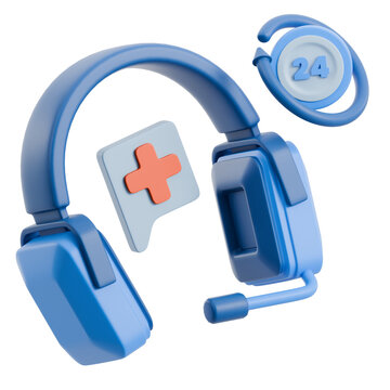 Blue Headset with Microphone and Medical Support Icons.