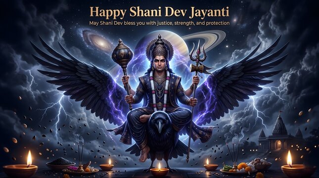 Divine shani dev deity ascends on eagle vehicle amidst cosmic galaxy and lightning storm holding
