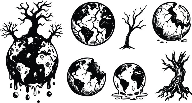 Black and white cracked earth globe melting with dead trees vector art set