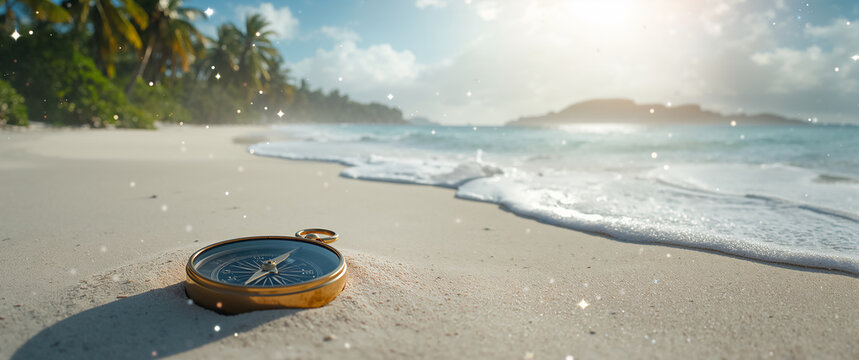 vintage compass in the sand on the seashore