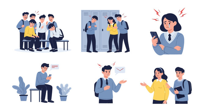 A cartoon illustration shows various scenes of student bullying, including physical intimidation, cyber harassment, and social exclusion, set against a clean white background with a flat