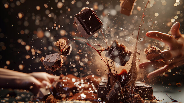 Hands tossing chocolate cake pieces with molten chocolate exploding everywhere. Splashes and drips captured under magical lighting in a highly detailed, photorealistic fantasy scene, 16:9.