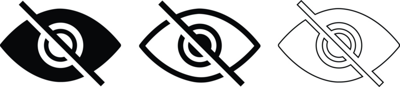 Eye hidden privacy icon set collection unsee invisible view symbols, hide, blind, disable visibility elements, secure protection signs, black flat and line style vector isolated transparent background