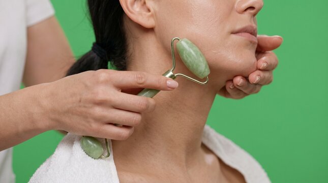 woman receiving jade roller facial massage for skincare and relaxation