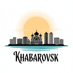 Obraz premium Khabarovsk Skyline Vector – Amur River City in Russia Silhouette Art
