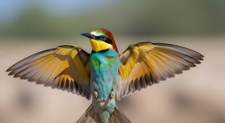 Obraz premium Colorful European Bee-eater Bird with Wings Spread in Flight