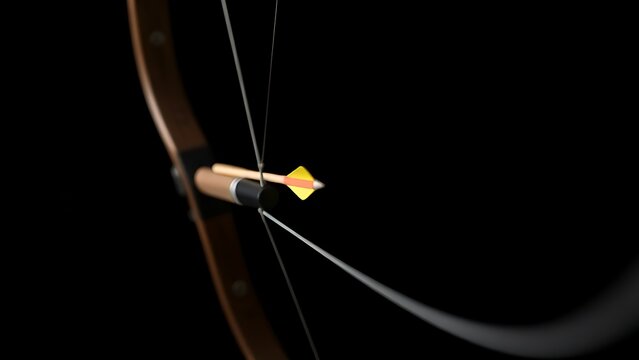 taut. Drawn compound bow with taut string and arrow, side view on dark background. lifestyle magazines, social media lookbooks, designed for influencer and brand collaborations.