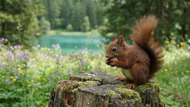 Single red squirrel eating a chestnut on weathered stump, woodland setting, peaceful wildlife moment, 4K video
