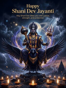 Illustrative depiction of lord shani dev on his vahana the crow amidst a cosmic background