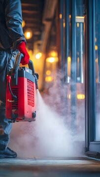 Close‑up of a professional worker in protective gloves using a red fogging machine to spray disinfectant in a modern indoor space, mist directed toward a glass door, warm light