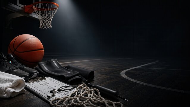 Focused Basketball Training Setup with Strategical Elements on a Dark Court Illuminated by Spotlights