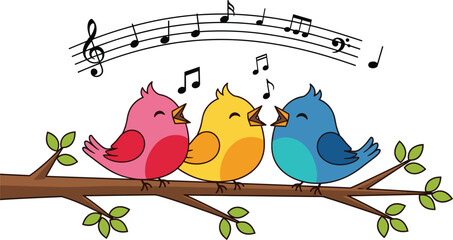 Obraz premium Colorful Singing Birds Illustration on Branch with Musical Notes for Music, Nature, and Kids’ Designs