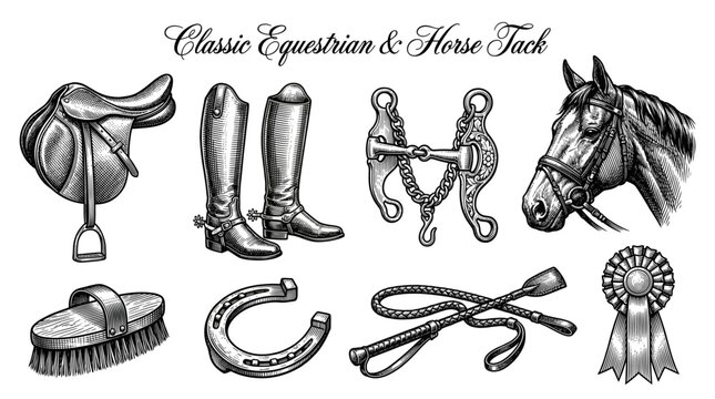 Classic Equestrian and Horse Tack Set, Vintage Hand Drawn Engraving Illustration of Horse Riding Equipment, Saddle, Bridle, Boots, Horseshoe, and Grooming Gear