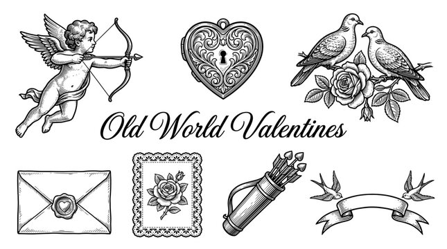Old World Style Valentines Vector Set: Engraved Cupid, Heart Locket, Doves, Rose, and Love Letter Elements