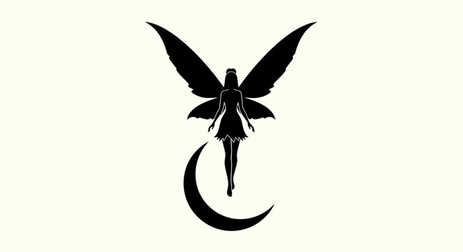 Black silhouette fairy on crescent moon.