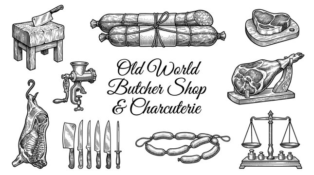 Vintage Butcher Shop and Charcuterie Vector Illustration Set Featuring Meat Products, Sausages, Knives, Grinder, and Scales in Hand Drawn Engraving Style