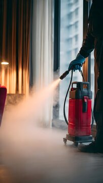 Worker spraying disinfectant fog indoors with red fogging machine.