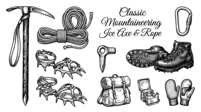 Vintage Hand Drawn Mountaineering Equipment Set Featuring Ice Axe, Rope, Crampons, Backpack, and Hiking Boots Illustration
