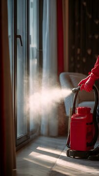 Close‑up of a worker in protective gloves disinfecting an indoor space with a red fogging machine, fog directed toward a glass door, warm light from curtains, modern interior, shallow depth of field