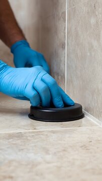Blue-workwear cleaner disinfecting window with chemical pump sprayer.