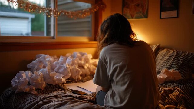 Teenage girl staring at bedroom ceiling at three am, geometry homework crumpled beside pillow, phone face down and silenced, streetlight casting window frame shadows across unmade
