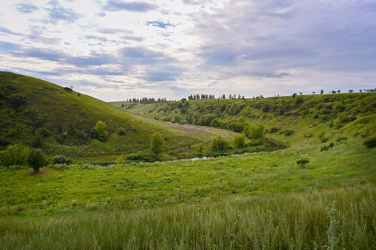 Meadow valley of the Argamach Nature Park with the Palna River, Lipetsk region of Russia
