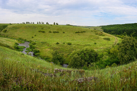 Panorama of the Palna River in the Argamach Nature Park, Lipetsk region of Russia