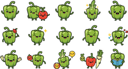 Fototapeta premium Cute and Fun Green Bell Pepper Characters Set, with Friends and Adorable Expressions for Healthy, Playful, and Kid-Friendly Designs
