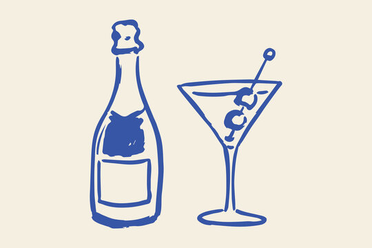 Champagne bottle cocktail glass naive hand drawn sketch vector