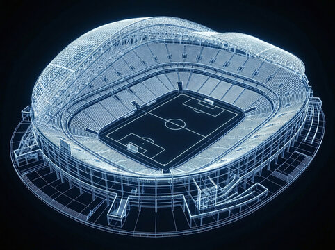 Futuristic 3D Wireframe Football Stadium Illustration, Digital Blueprint of Modern Soccer Arena for Technology and Architecture Concepts